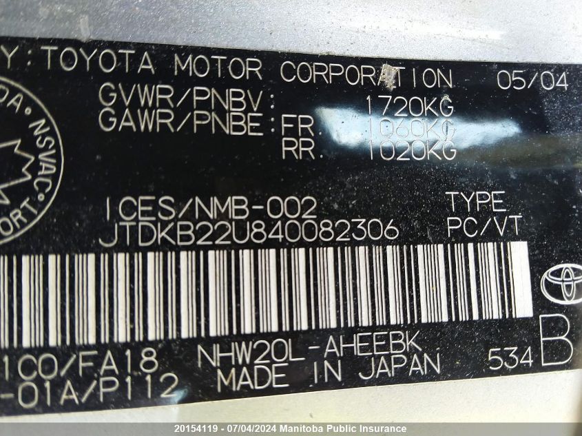 2004 Toyota Prius VIN: JTDKB22U840082306 Lot: 20154119