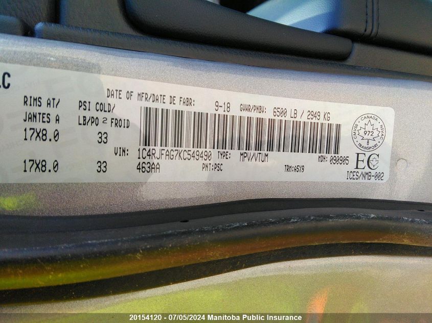 2019 Jeep Grand Cherokee Laredo VIN: 1C4RJFAG7KC549490 Lot: 20154120