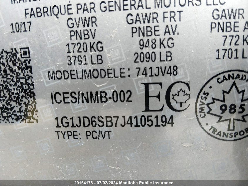 2018 Chevrolet Sonic Lt VIN: 1G1JD6SB7J4105194 Lot: 20154178