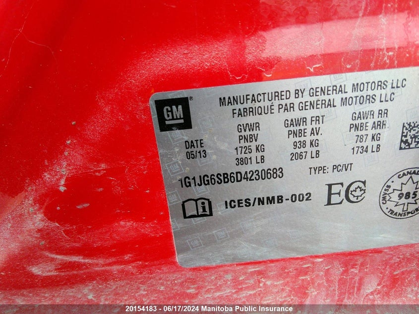 2013 Chevrolet Sonic Rs VIN: 1G1JG6SB6D4230683 Lot: 20154183