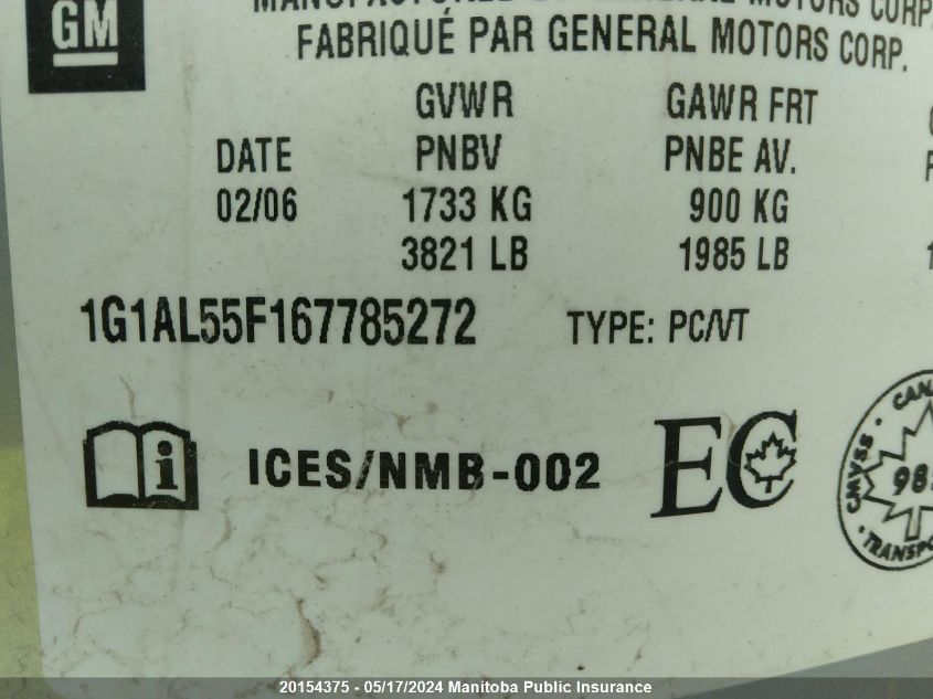 2006 Chevrolet Cobalt Lt VIN: 1G1AL55F167785272 Lot: 20154375