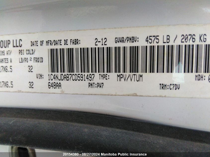 2012 Jeep Compass Sport VIN: 1C4NJDAB7CD591497 Lot: 20154380