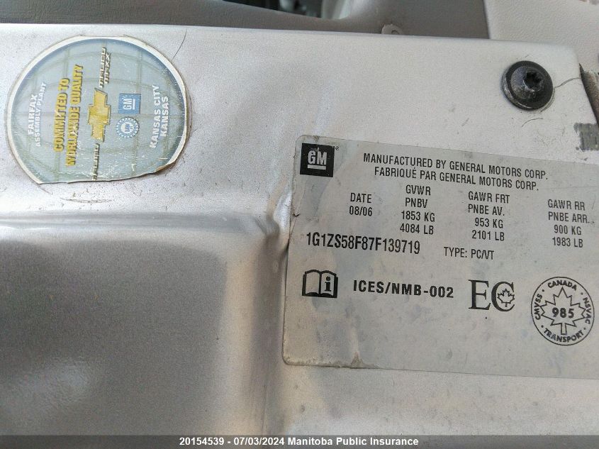 2007 Chevrolet Malibu Ls VIN: 1G1ZS58F87F139719 Lot: 20154539