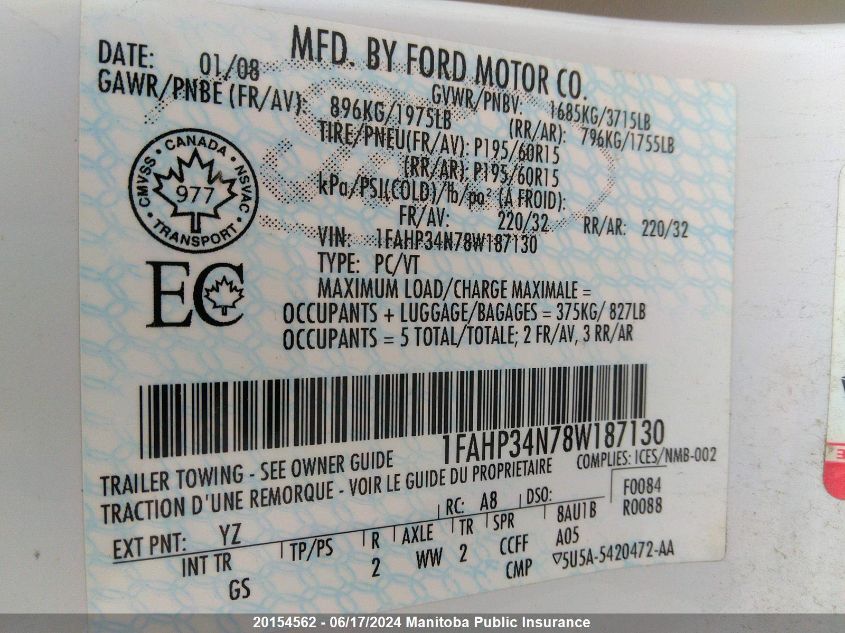 2008 Ford Focus Se VIN: 1FAHP34N78W187130 Lot: 20154562