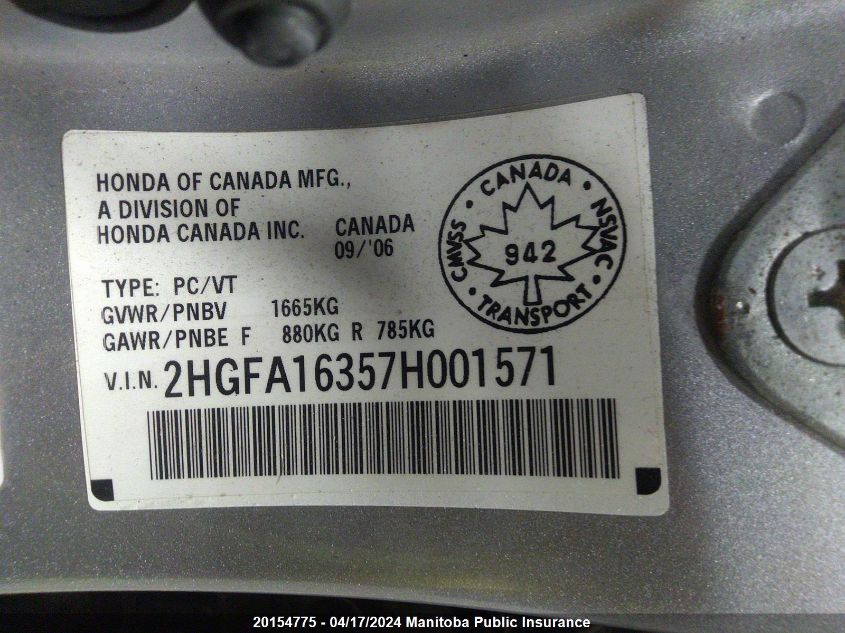 2007 Honda Civic Dx-G VIN: 2HGFA16357H001571 Lot: 20154775