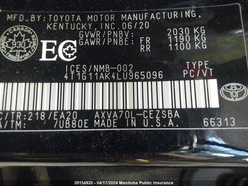 2020 Toyota Camry Se VIN: 4T1G11AK4LU965096 Lot: 20154920