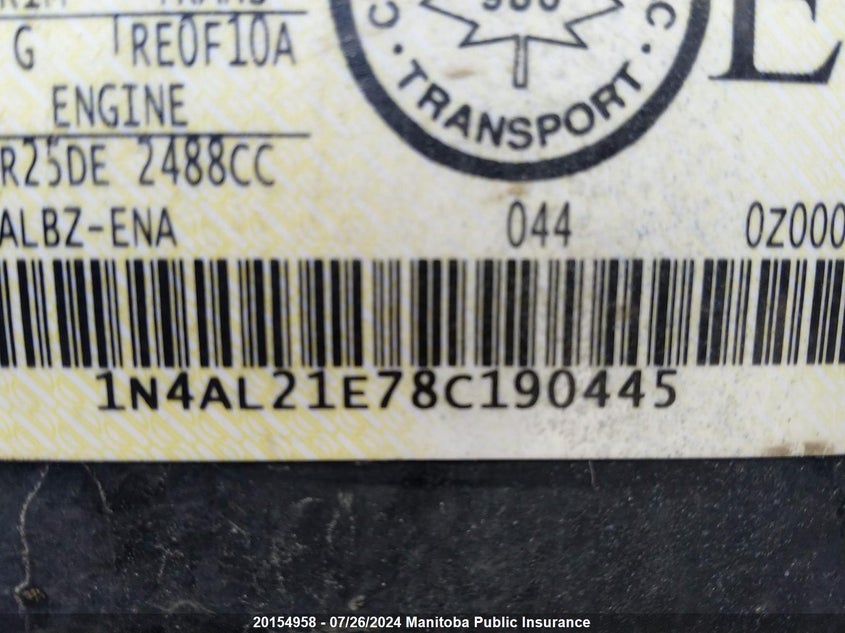 2008 Nissan Altima 2.5 S VIN: 1N4AL21E78C190445 Lot: 20154958