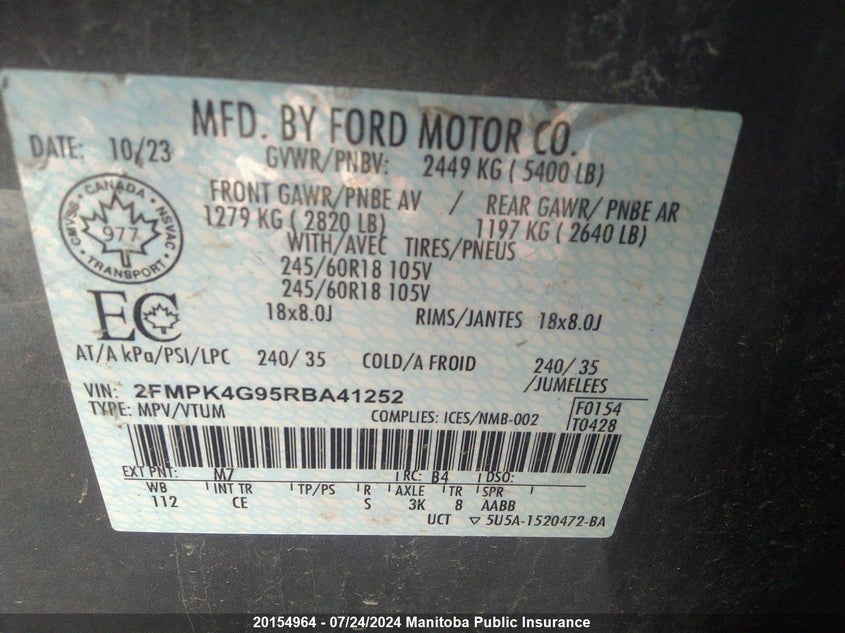 2024 Ford Edge Se VIN: 2FMPK4G95RBA41252 Lot: 20154964