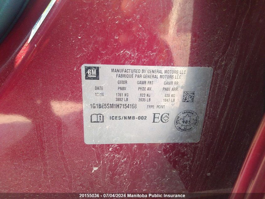 2017 Chevrolet Cruze Lt Turbo VIN: 1G1BE5SM1H7154168 Lot: 20155036
