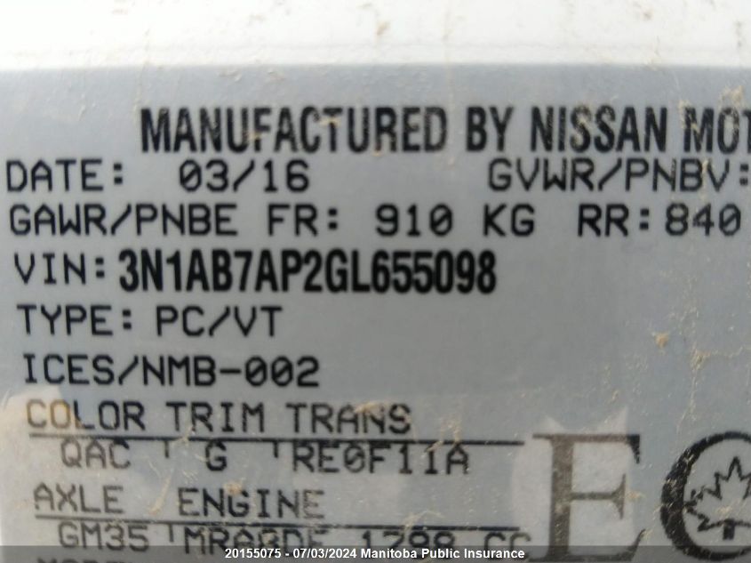 2016 Nissan Sentra 1.8 S VIN: 3N1AB7AP2GL655098 Lot: 20155075