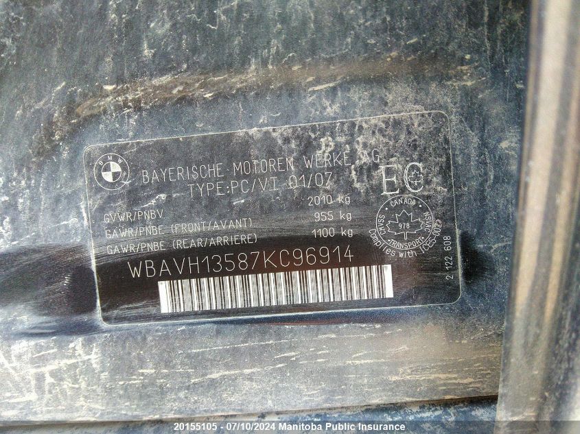 2007 BMW 323I VIN: WBAVH13587KC96914 Lot: 20155105