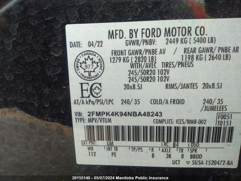 2022 Ford Edge Titanium VIN: 2FMPK4K94NBA48243 Lot: 20155140