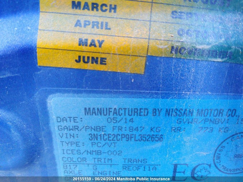 2015 Nissan Versa Note Sv VIN: 3N1CE2CP9FL352656 Lot: 20155159