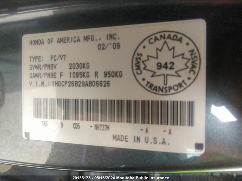 2009 Honda Accord Ex-L VIN: 1HGCP26829A806626 Lot: 20155173