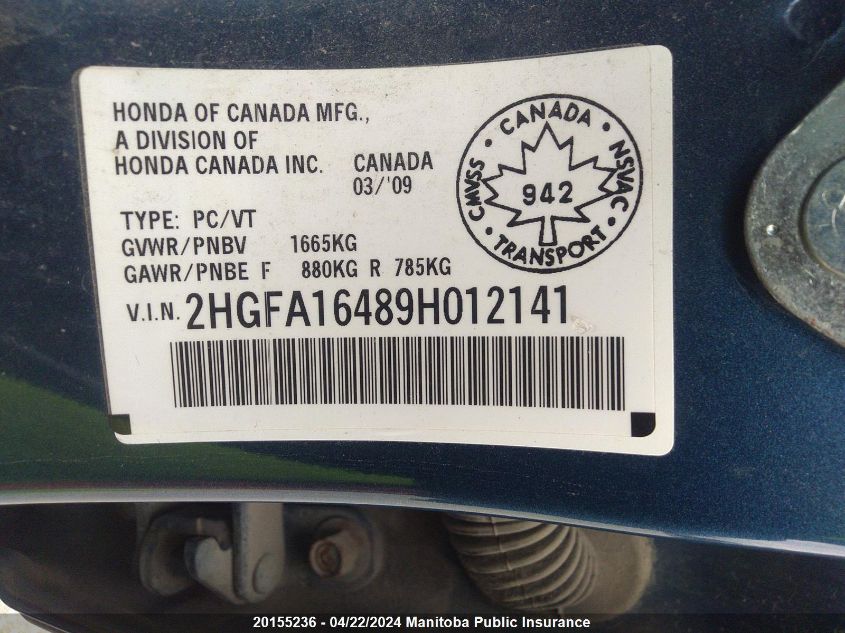 2009 Honda Civic Dx-G VIN: 2HGFA16489H012141 Lot: 39242403