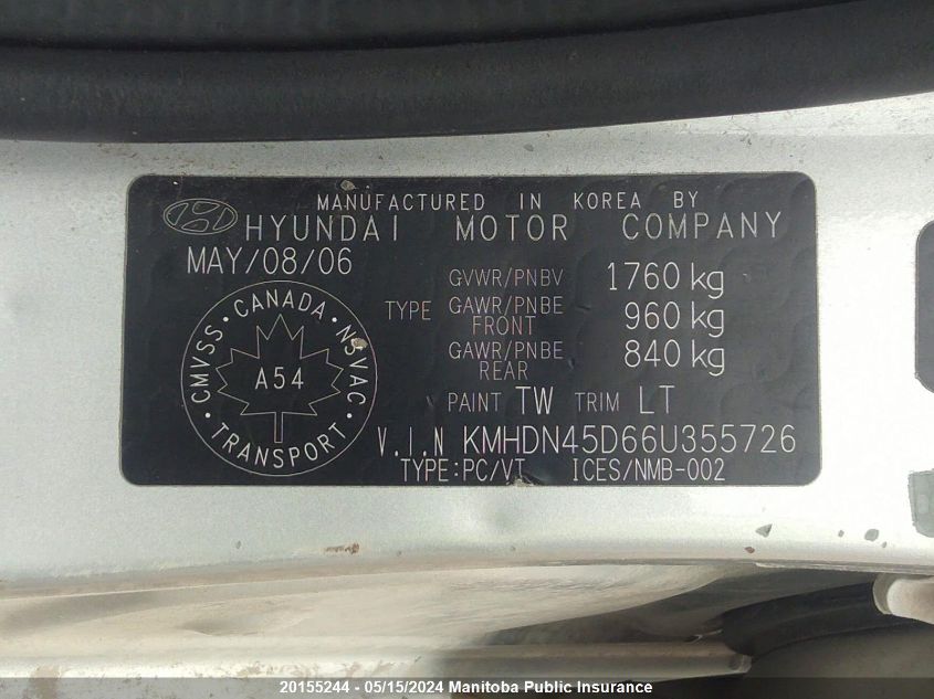 2006 Hyundai Elantra Ve VIN: KMHDN45D66U355726 Lot: 20155244