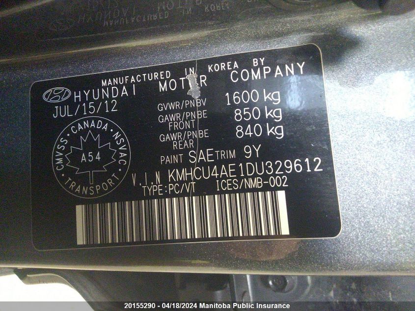 2013 Hyundai Accent Gls VIN: KMHCU4AE1DU329612 Lot: 20155290