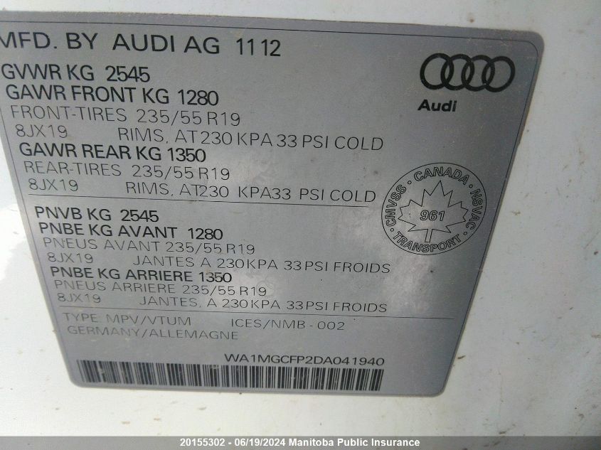 2013 Audi Q5 V6 VIN: WA1MGCFP2DA041940 Lot: 20155302