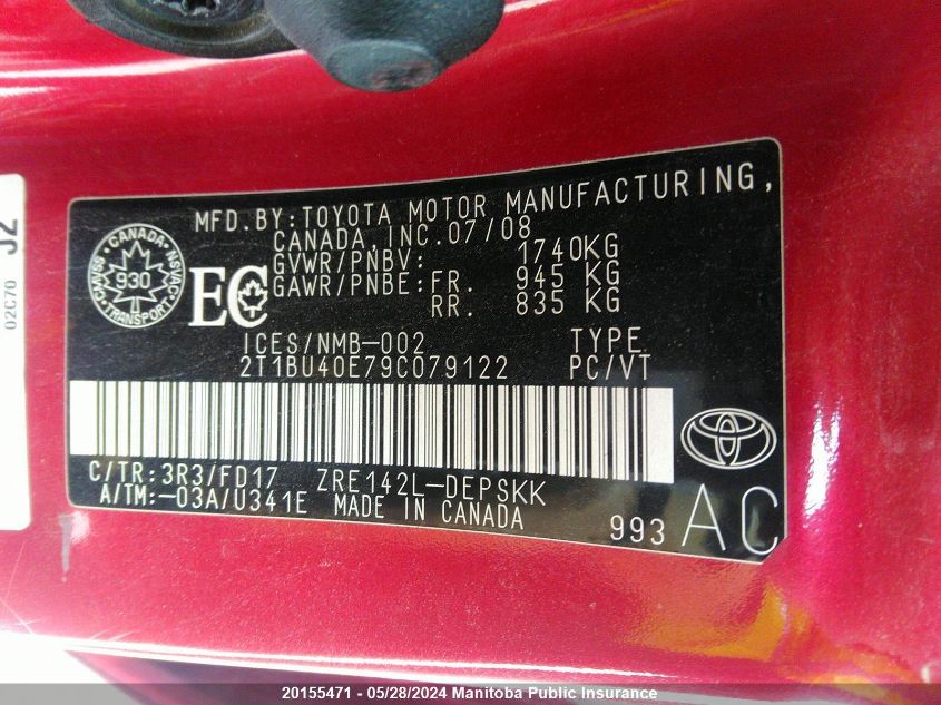 2009 Toyota Corolla S VIN: 2T1BU40E79C079122 Lot: 20155471