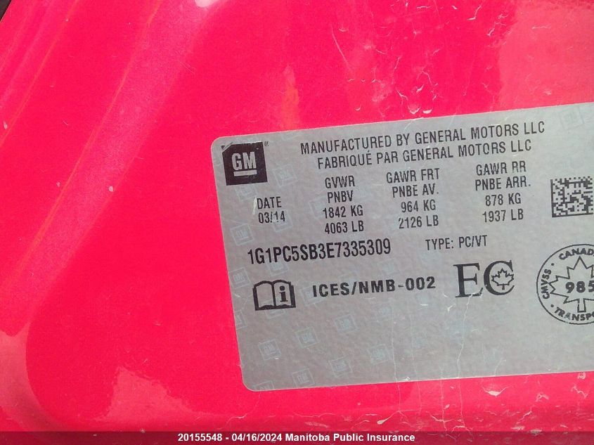 2014 Chevrolet Cruze Lt Turbo VIN: 1G1PC5SB3E7335309 Lot: 20155548