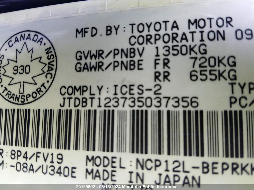 2003 Toyota Echo VIN: JTDBT123735037356 Lot: 20155602