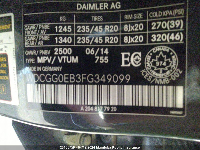 2015 Mercedes Benz Glk250 Bluetec VIN: WDCGG0EB3FG349099 Lot: 39242190