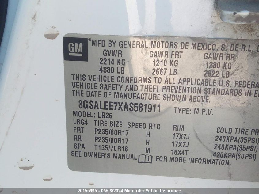 2010 Saturn Vue Xr V6 VIN: 3GSALEE7XAS581911 Lot: 20155995