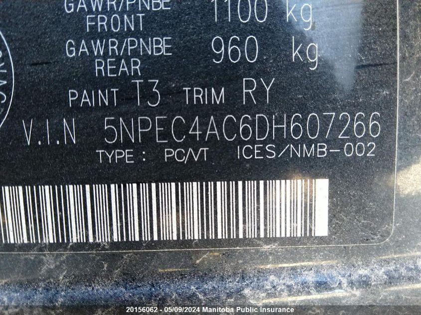 2013 Hyundai Sonata Gls VIN: 5NPEC4AC6DH607266 Lot: 20156062