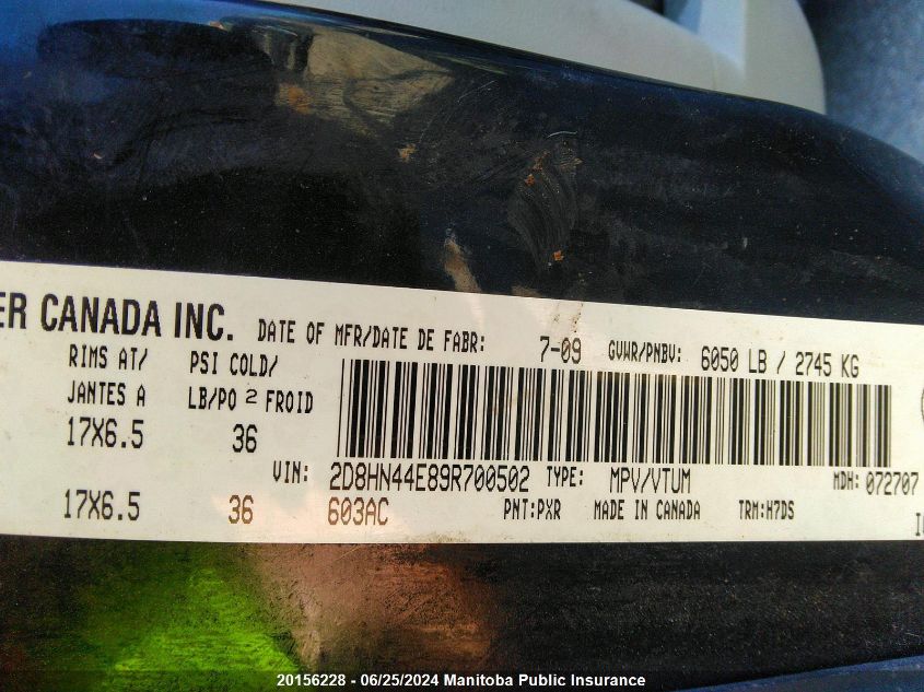 2009 Dodge Grand Caravan Se VIN: 2D8HN44E89R700502 Lot: 20156228