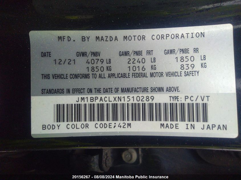 2022 Mazda Mazda3 Gs VIN: JM1BPACLXN1510289 Lot: 20156267