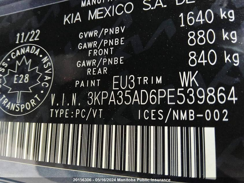 2023 Kia Rio Ex Premium VIN: 3KPA35AD6PE539864 Lot: 20156306