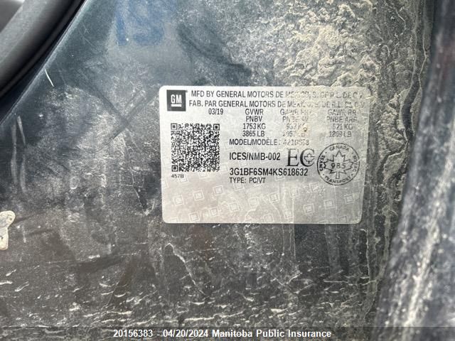 2019 Chevrolet Cruze Lt VIN: 3G1BF6SM4KS618632 Lot: 39240525