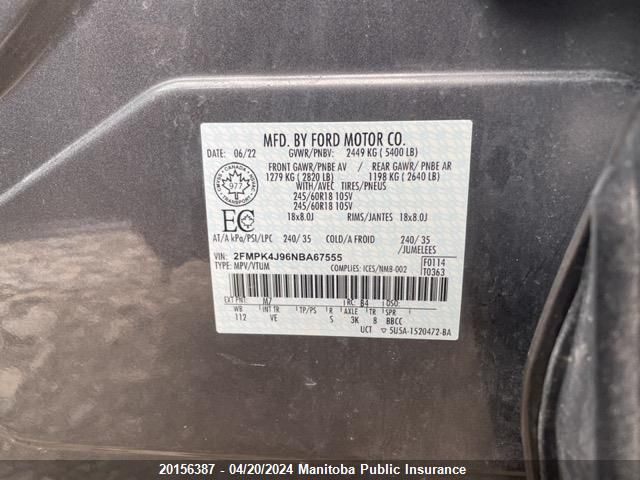 2022 Ford Edge Sel VIN: 2FMPK4J96NBA67555 Lot: 39241319