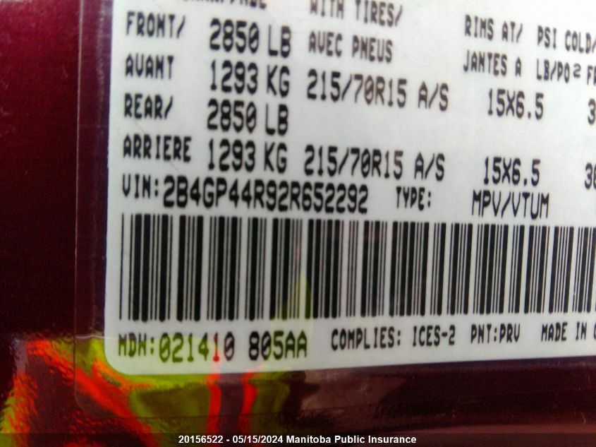 2002 Dodge Grand Caravan Sport VIN: 2B4GP44R92R652292 Lot: 20156522