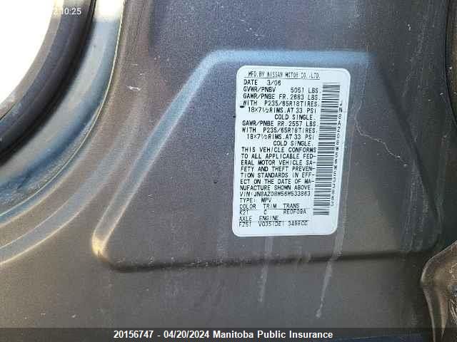 2006 Nissan Murano Se VIN: JN8AZ08W56W533863 Lot: 39242425