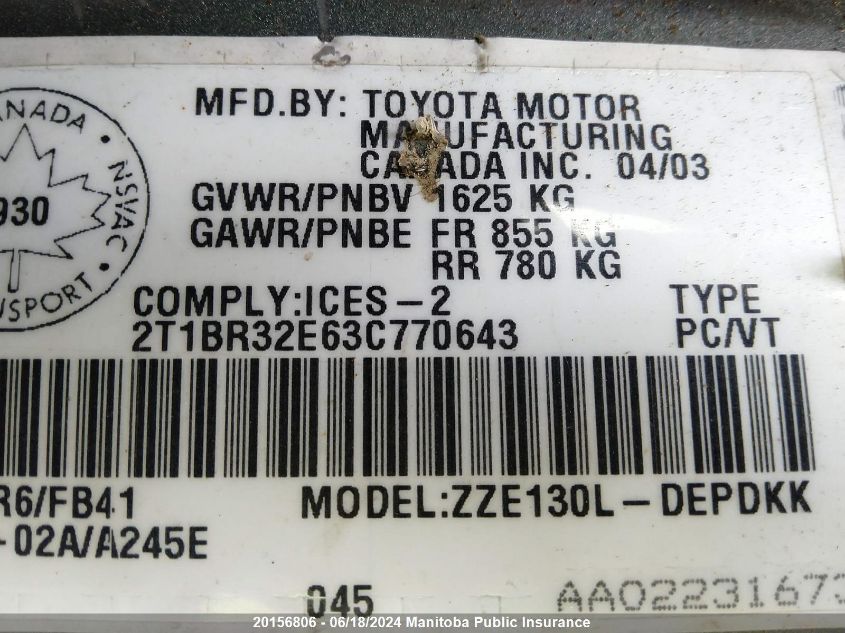 2003 Toyota Corolla Ce VIN: 2T1BR32E63C770643 Lot: 20156806