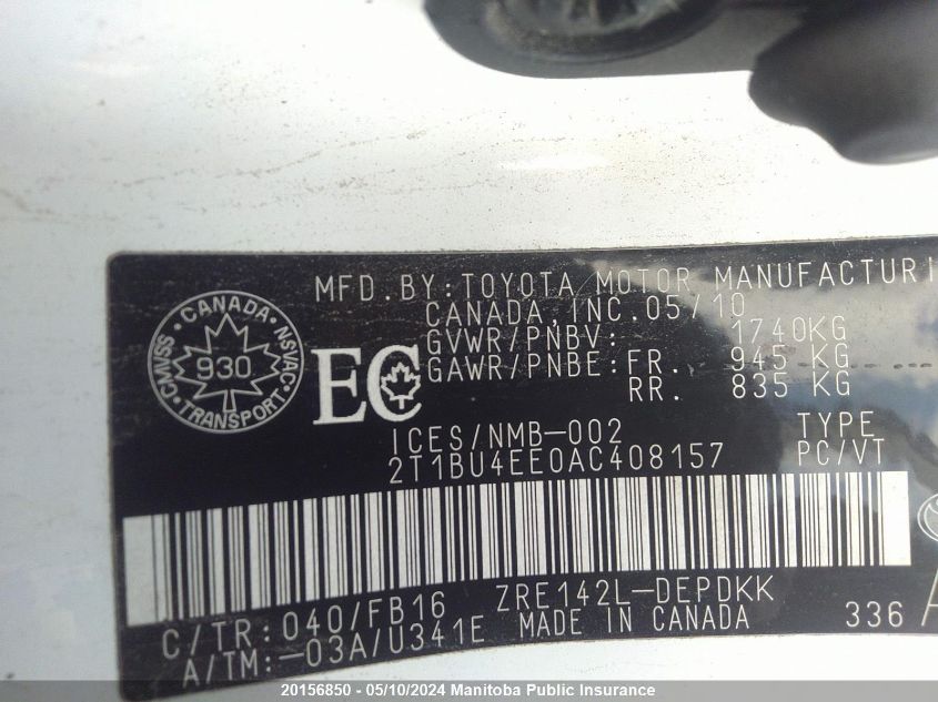 2010 Toyota Corolla VIN: 2T1BU4EE0AC408157 Lot: 20156850