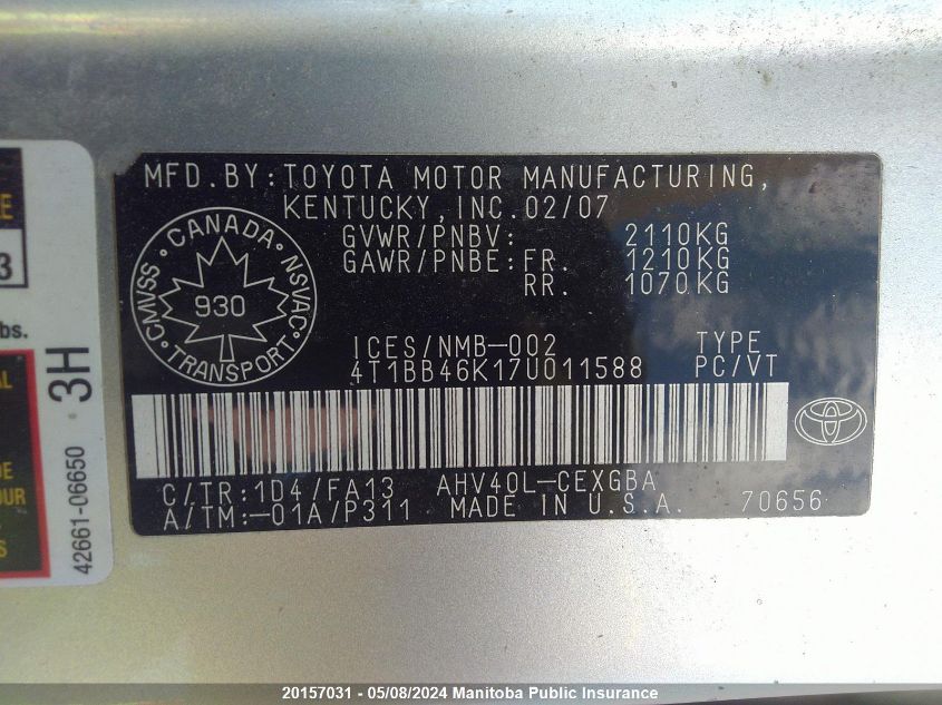 2007 Toyota Camry Hybrid VIN: 4T1BB46K17U011588 Lot: 20157031