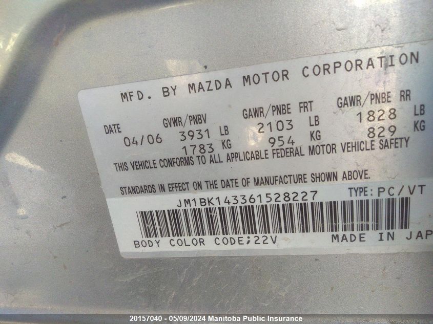 2006 Mazda Mazda3 S VIN: JM1BK143361528227 Lot: 20157040