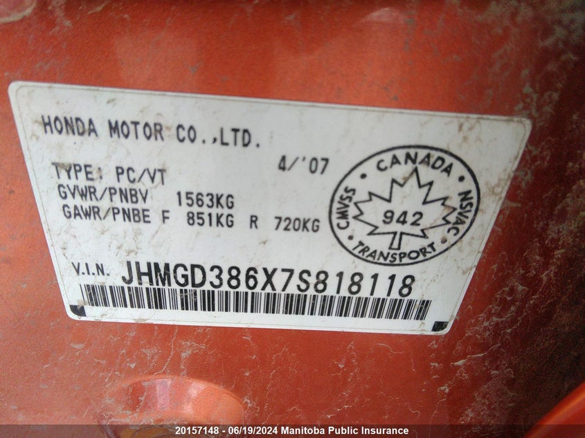 2007 Honda Fit Sport VIN: JHMGD386X7S818118 Lot: 20157148