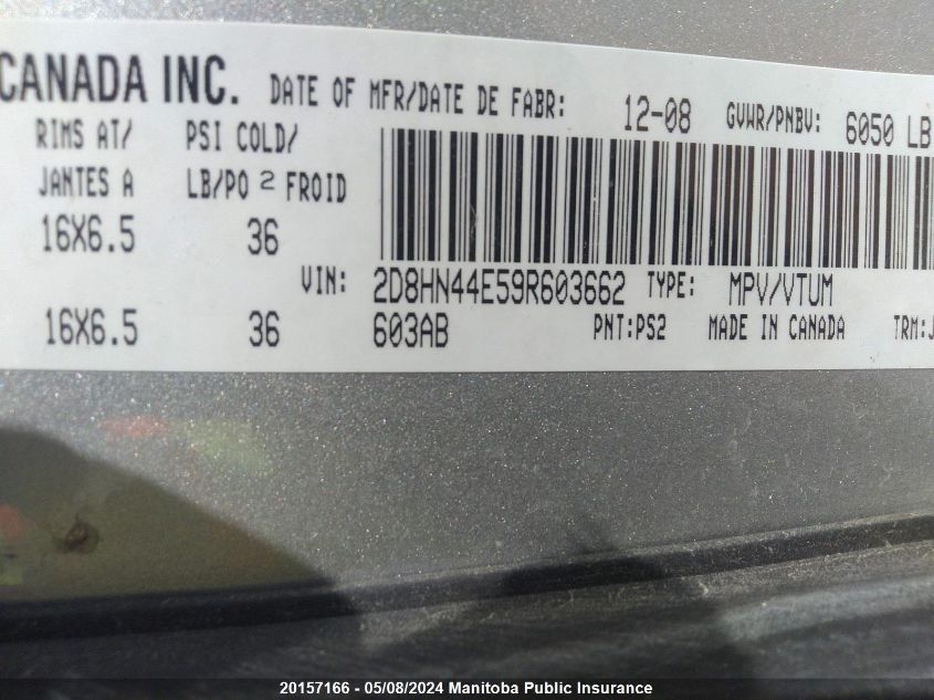 2009 Dodge Grand Caravan Se VIN: 2D8HN44E59R603662 Lot: 20157166