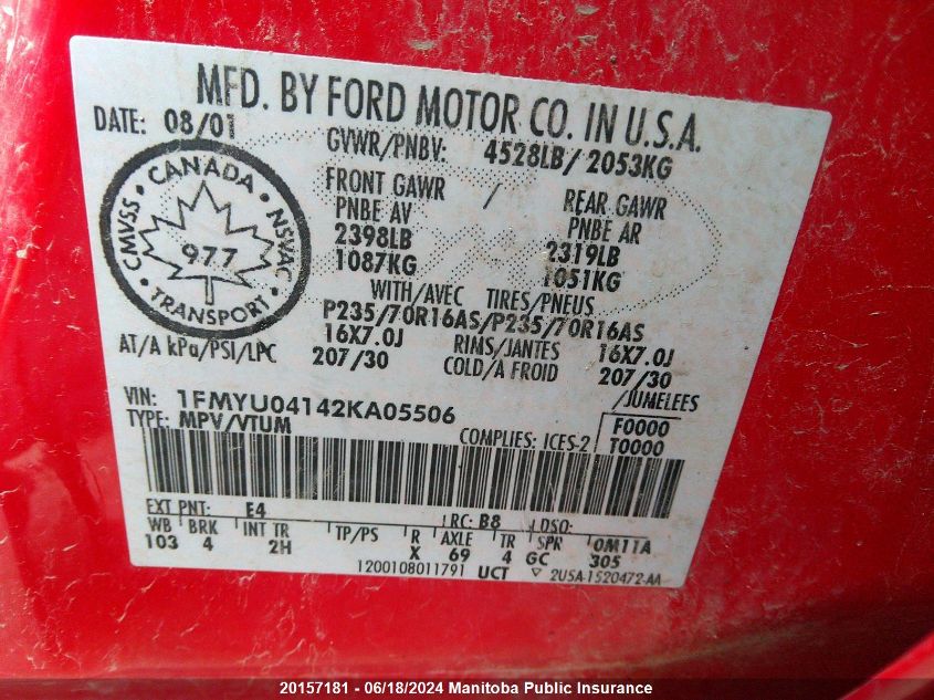 2002 Ford Escape Xlt V6 VIN: 1FMYU04142KA05506 Lot: 20157181