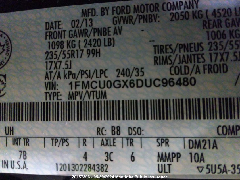 2013 Ford Escape Se VIN: 1FMCU0GX6DUC96480 Lot: 20157306