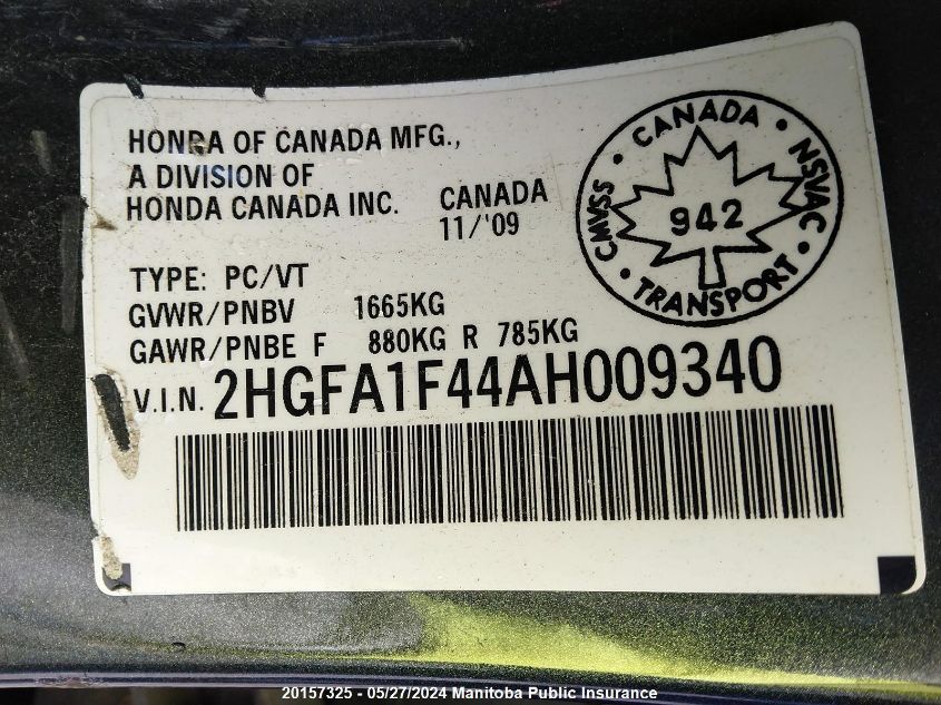 2010 Honda Civic Dx VIN: 2HGFA1F44AH009340 Lot: 20157325