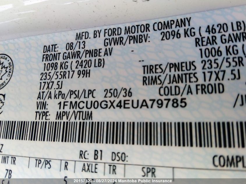 2014 Ford Escape Se VIN: 1FMCU0GX4EUA79785 Lot: 20157520