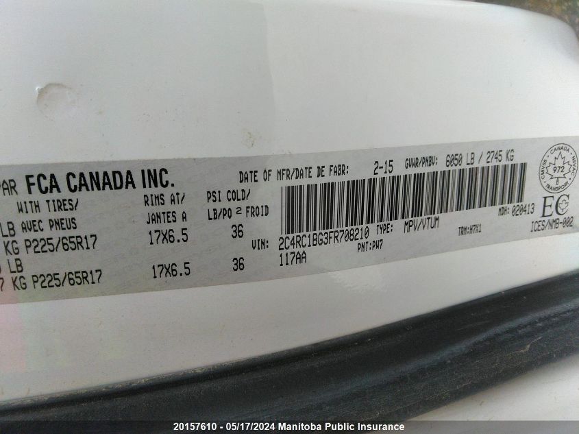 2015 Chrysler Town & Country Touring VIN: 2C4RC1BG3FR708210 Lot: 20157610