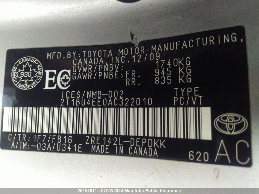 2010 Toyota Corolla VIN: 2T1BU4EE0AC322010 Lot: 20157611