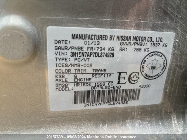 2013 Nissan Versa 1.6 Sl VIN: 3N1CN7AP7DL874926 Lot: 20157639