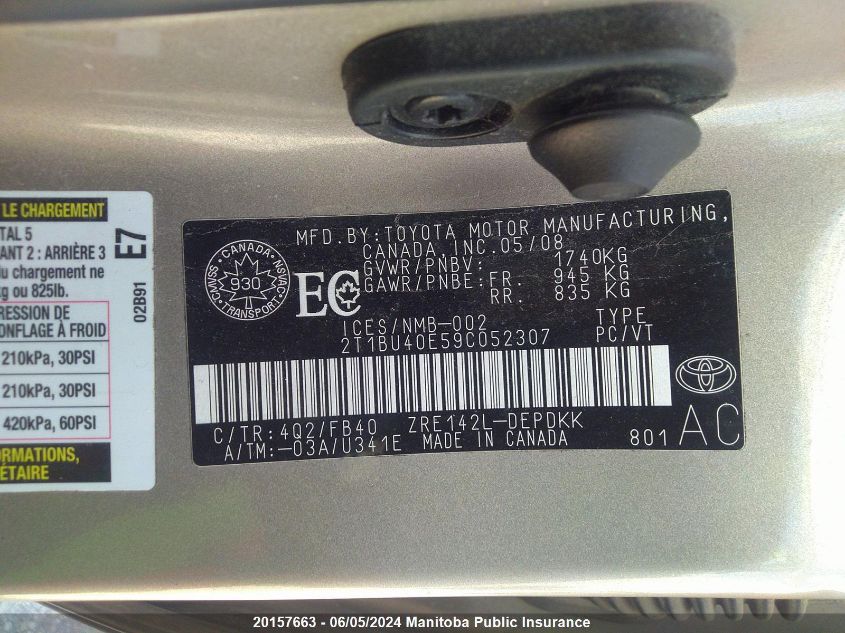 2009 Toyota Corolla Ce VIN: 2T1BU40E59C052307 Lot: 20157663