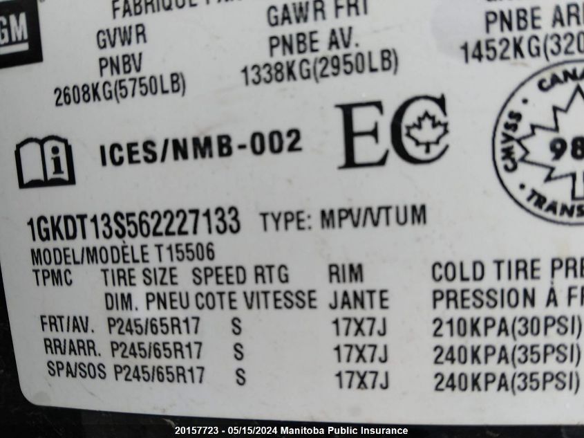 2006 GMC Envoy Slt VIN: 1GKDT13S562227133 Lot: 20157723